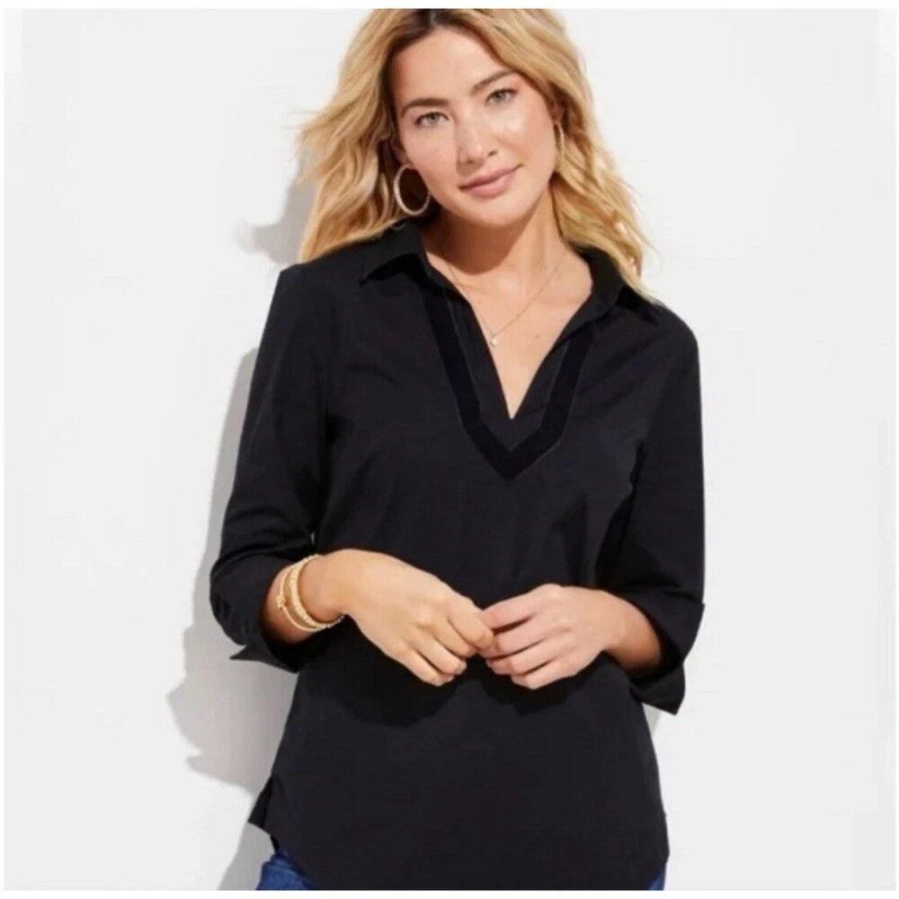 Vineyard Vines Velvet Trim Blouse Top Black Collared V-Neck, Size Small, New wit - Picture 2 of 4